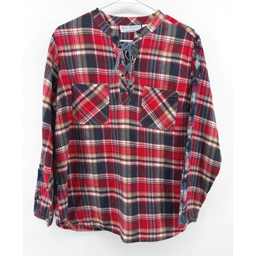 Bleu Bayou Red Plaid Flannel Top Lace Up Embroidered Cotton Pullover Women M EUC